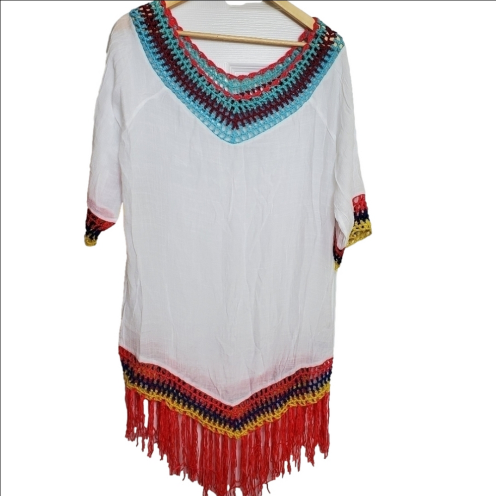 Cupshe White Boho Swim Beach Cover-up with Multi-colour Crochet and Fringe Trim…